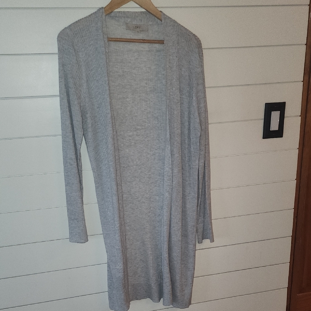 LOFT Gray Ribbed Open-Front Long Cardigan
